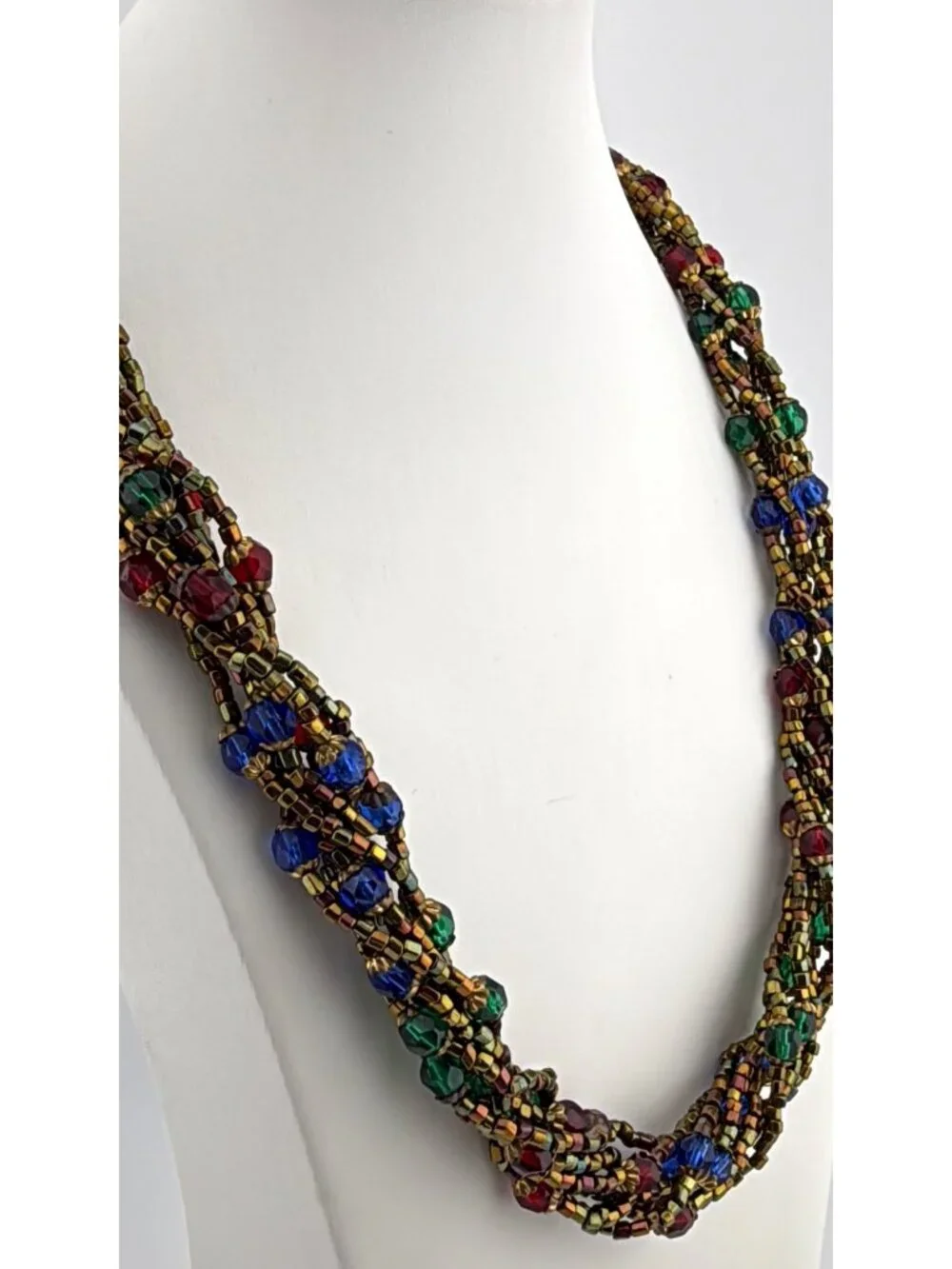 Multicolor Glass Beaded Layered Long Necklace Faceted Metallic 28